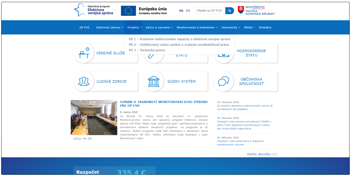 Titulná stránka nového webu OP EVS 