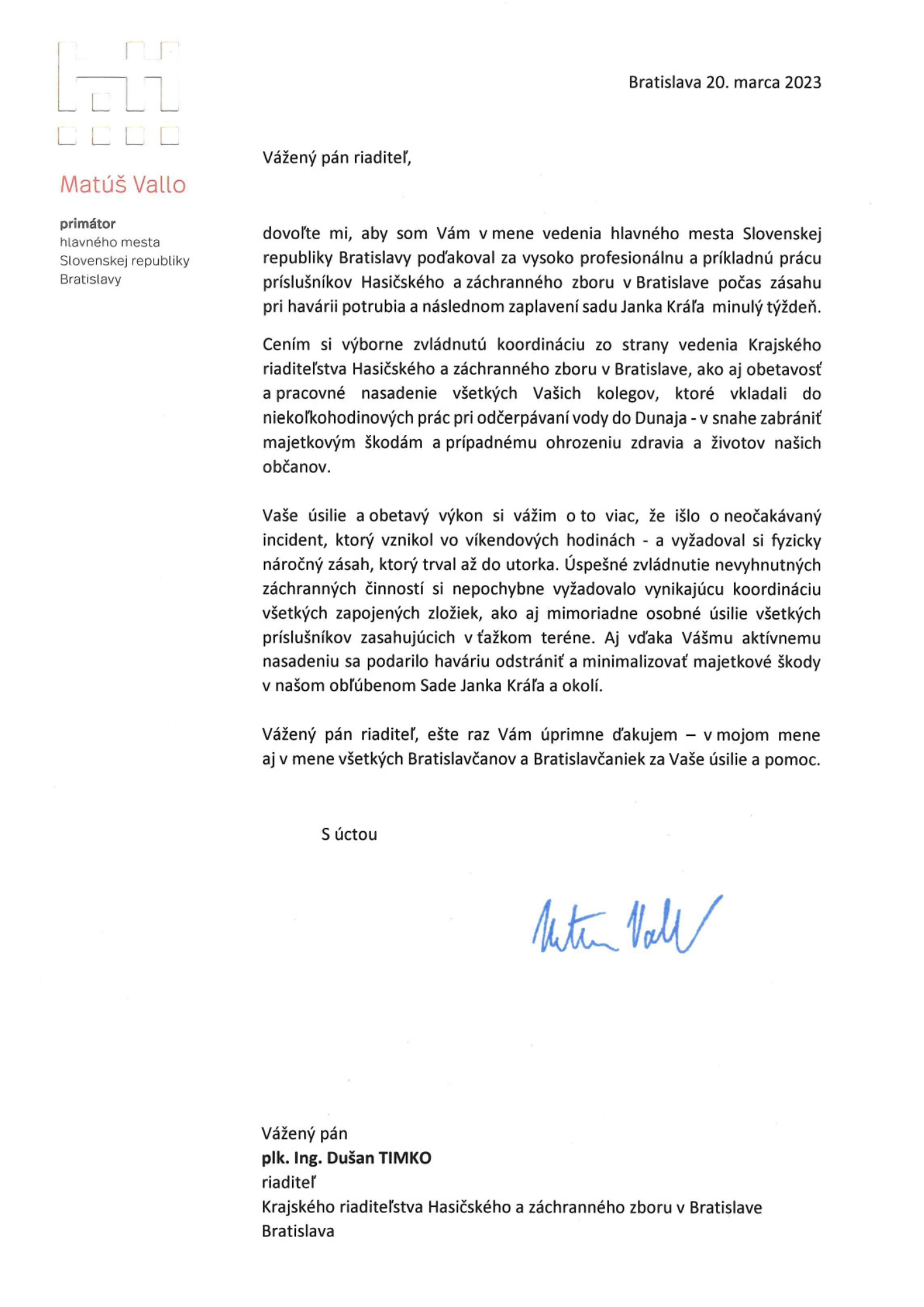 Ďakovný list od primátora hlavného mesta
