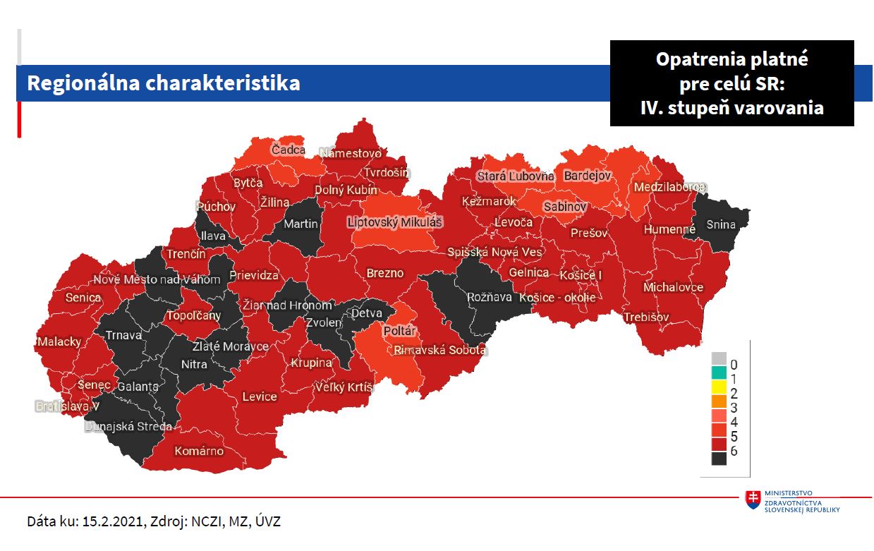 Grafické znázornenie rizikovosti okresov - stav k 15. 2. 2021