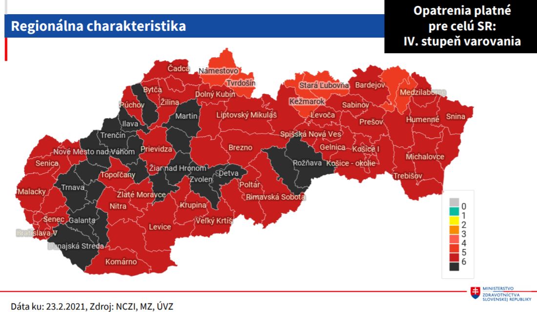 Grafické znázornenie rizikovosti okresov - stav k 23. 2. 2021