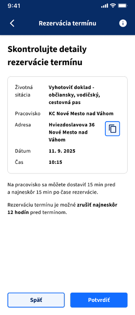 Obrazovka služby rezervácie