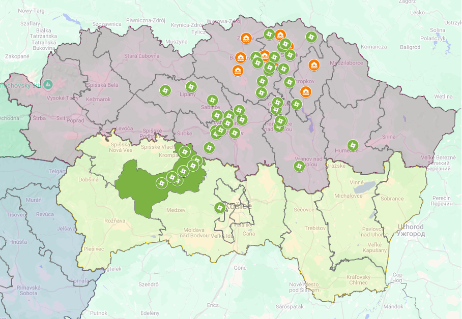 Mapa lokalít na východnom Slovensku s vyhlásenými mimoriadnymi situáciami a zvýšenými stupňami povodňovej aktivity