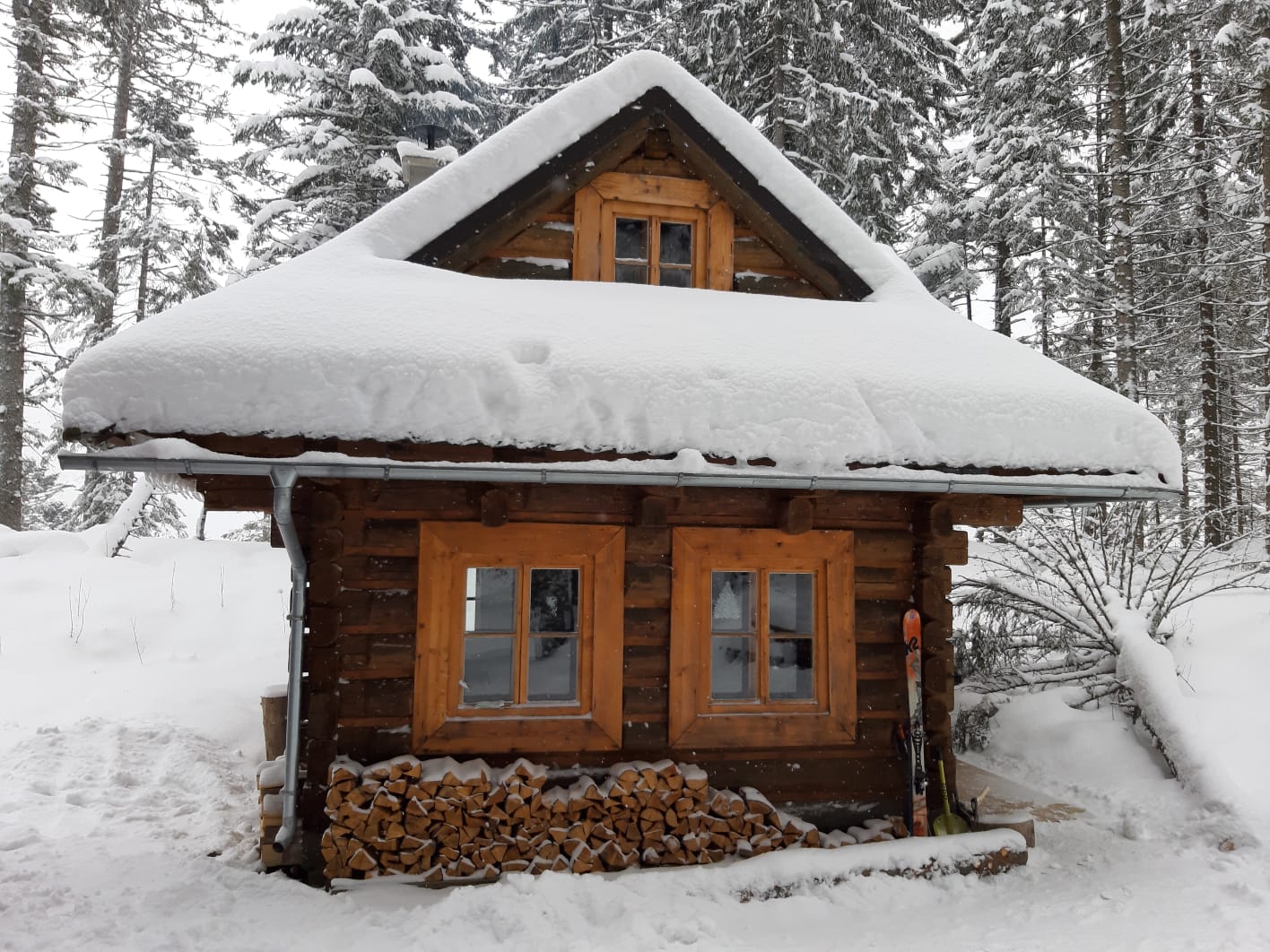 zasnežený drevený dom