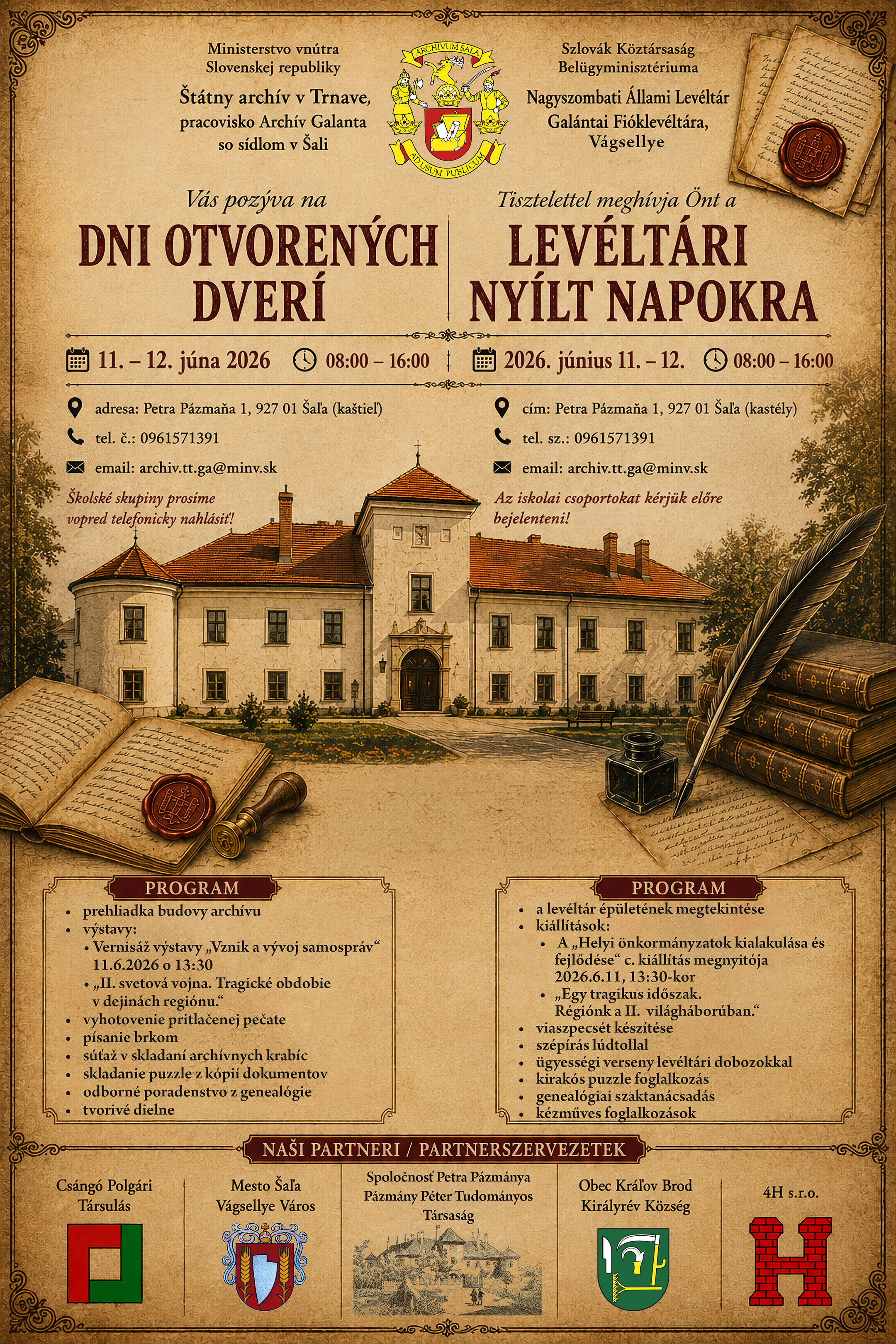 Pozvánka na Deň otvorených dverí na pracovisku Archív Galanta so sídlom v Šali 11. - 12. júna 2026