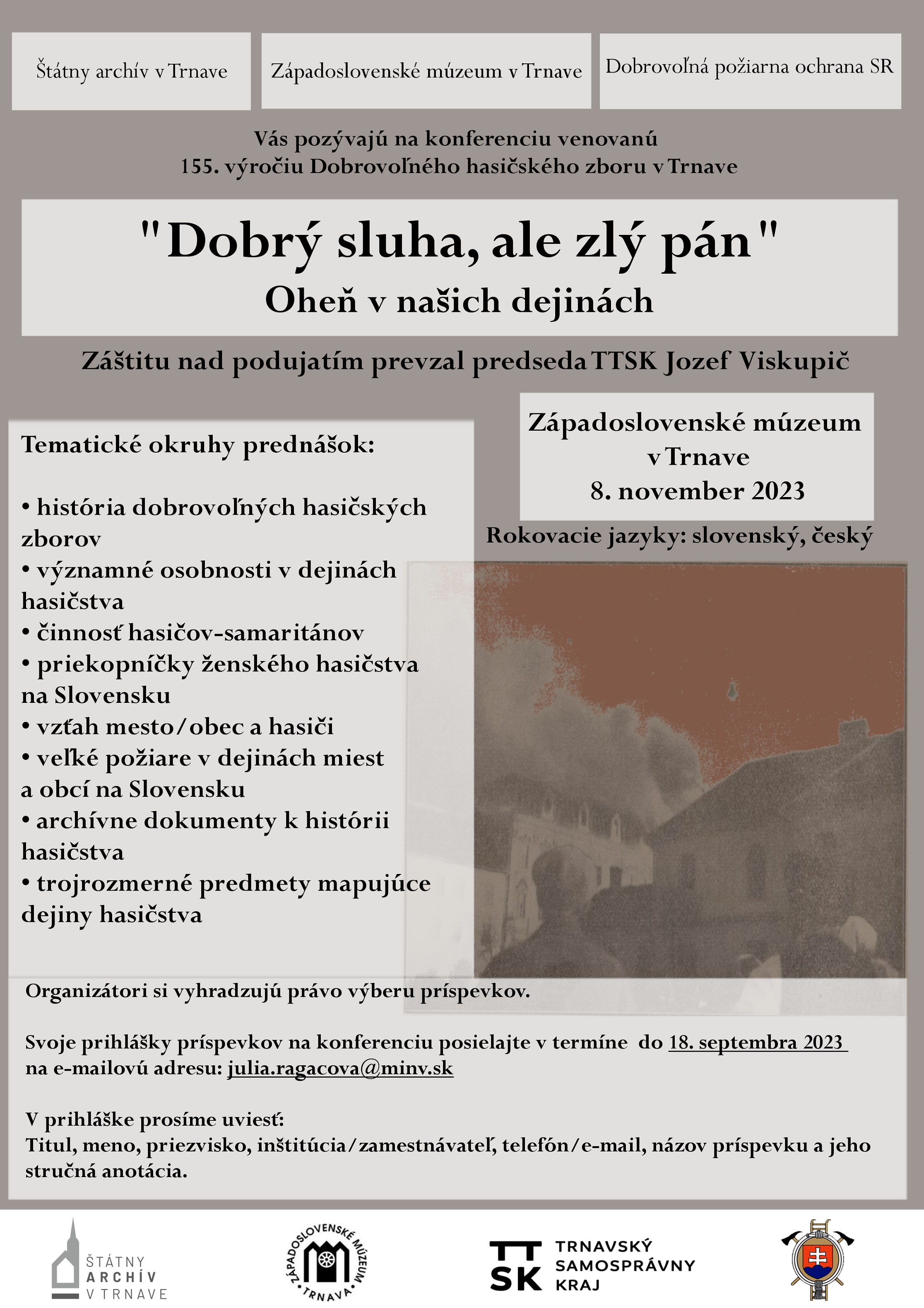 Pozvánka na konferenciu k dejinám hasičstva 8. novembra 2023 v Trnave