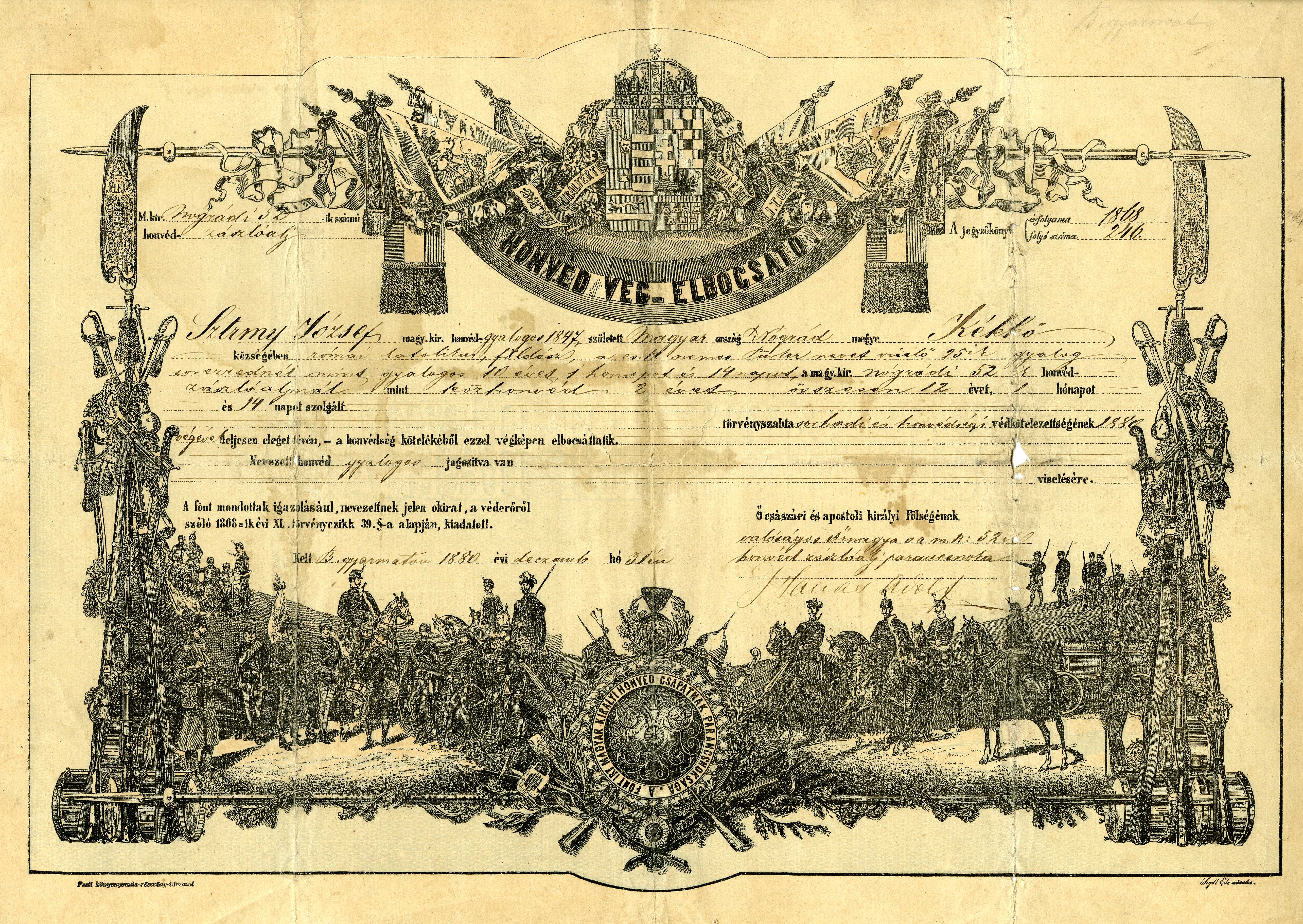 Prepúšťacia listina z armády z roku 1830
