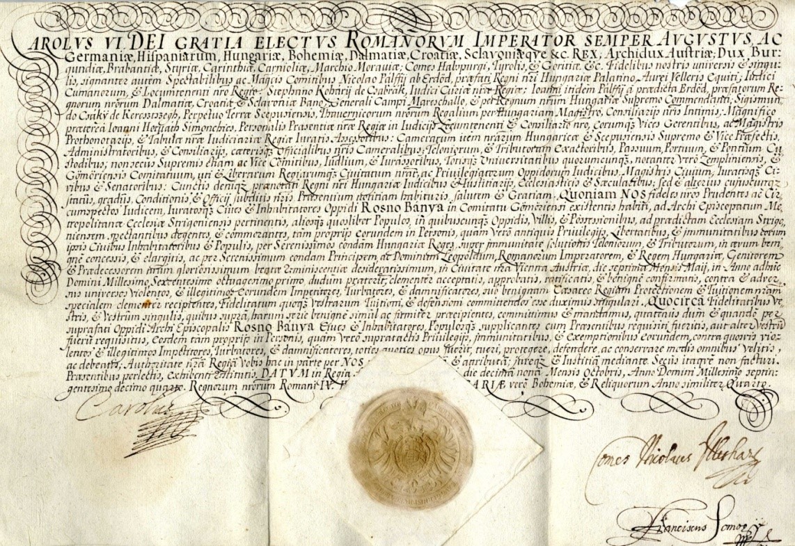 Magistrát Rožňava - František I. udeľuje výsady cechu nemeckých krajčírov v Rožňave z roku 1829