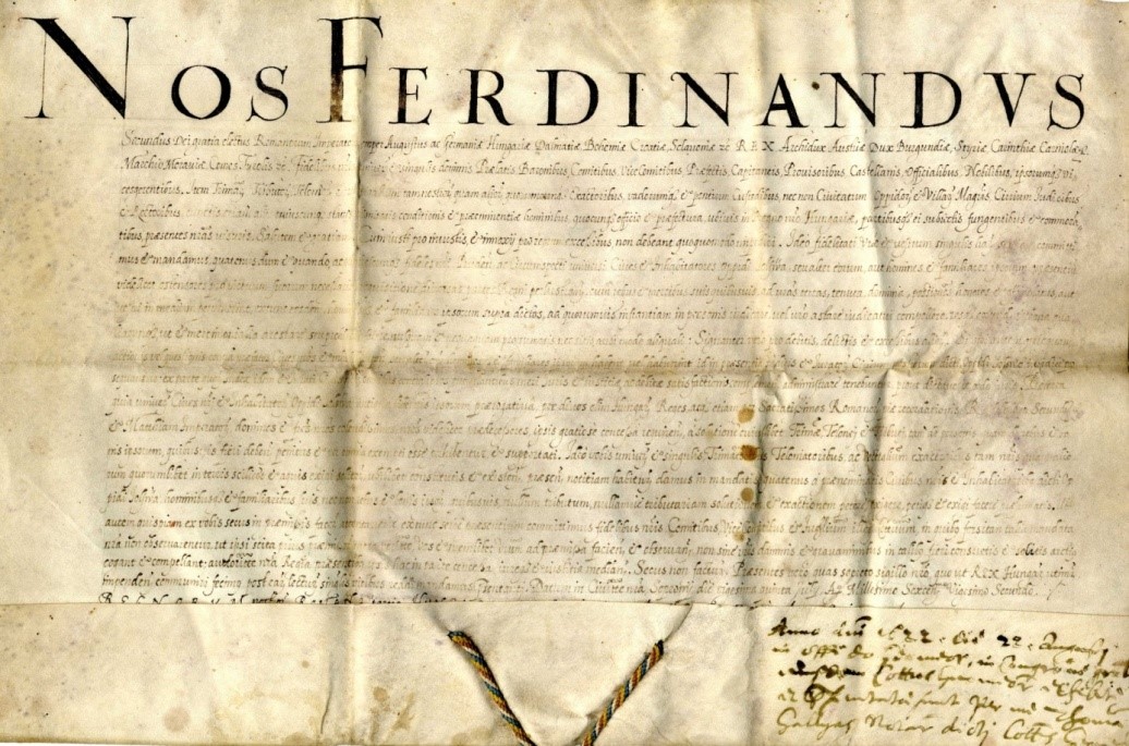Magistrát Jelšava - Ferdinand II. potvrdzuje privilégiá oslobodenia od tridsiatku a mýta       25. júl 1622